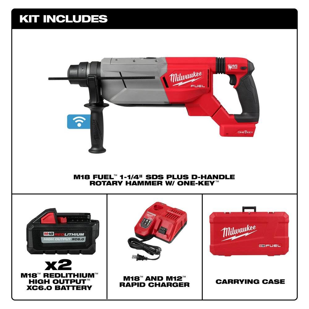 Milwaukee M18 FUEL 1 1/4 SDS Plus D Handle Rotary Hammer Kit with ONE KEY 2916-22 from Milwaukee