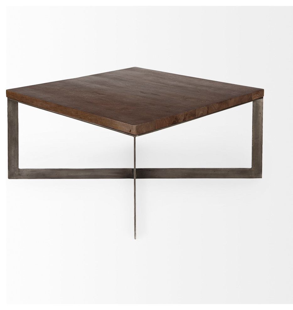 Faye Medium Brown Wood With Antique Nickel Metal Base Square Coffee Table   Industrial   Coffee Tables   by Mercana  Houzz