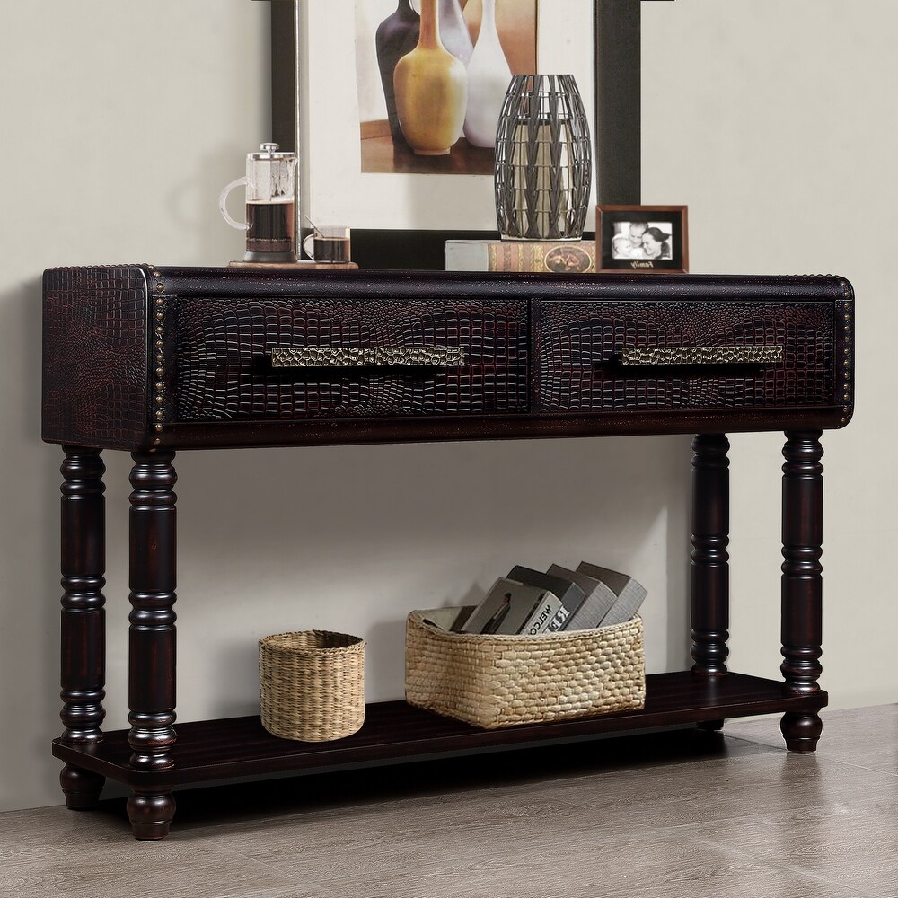 Imitation Crocodile Skin Apperance Sofa Table Wood Console Table with Two Drawers  2 Power Outlets and 2 USB Ports