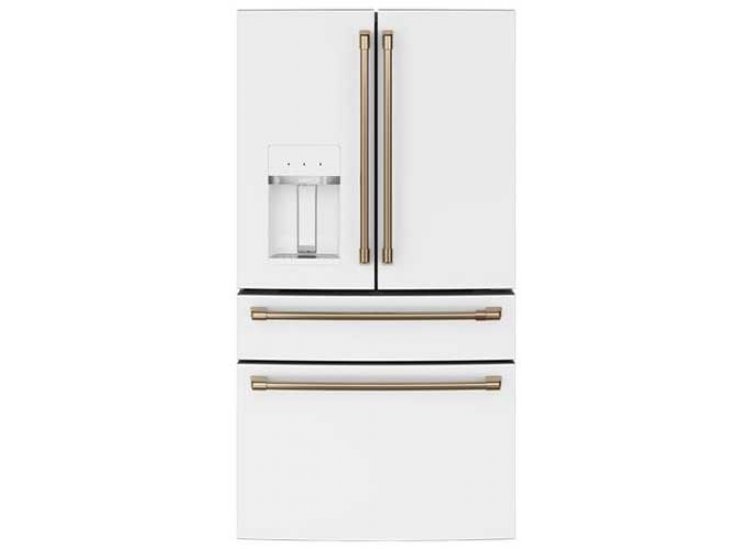 Cafe ENERGY STAR 22.3 Cu. Ft. Matte White With Brushed Bronze Smart Counter-Depth 4-Door French Door Refrigerator