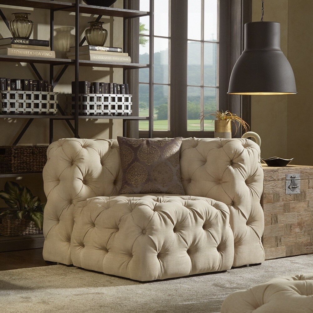 Knightsbridge II Beige Linen Tufted Chesterfield Modular U Shape with Chaise Sectional by iNSPIRE Q Artisan