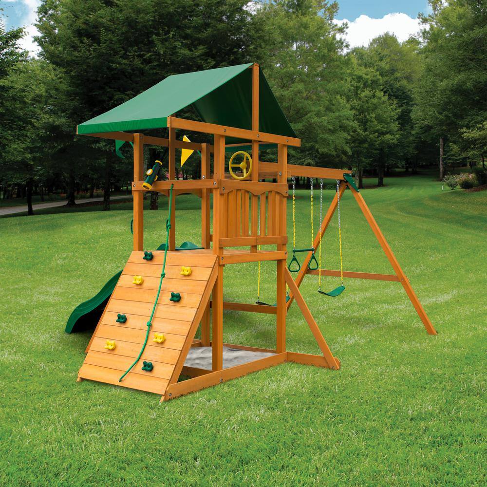 Gorilla Playsets DYI Outing III Wooden Outdoor Playset with Tarp Roof Rock Wall Wave Slide Swings and Backyard Swing Set Accessories 01-0001