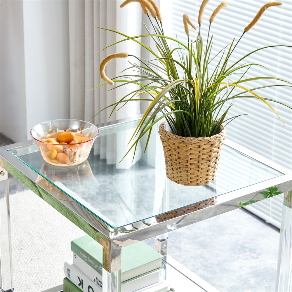 Stainless Steel End Table with Acrylic Frame and Glass Top