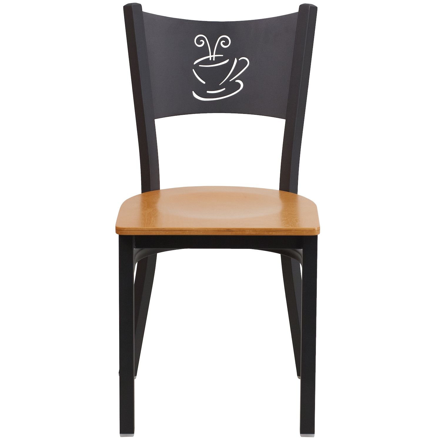 Emma and Oliver Black Coffee Back Metal Restaurant Chair - Natural Wood Seat