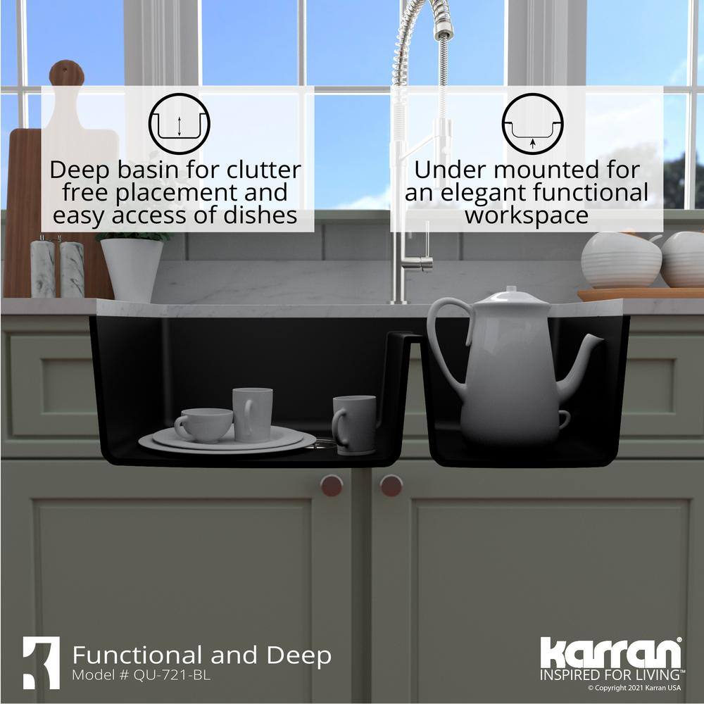 Karran Undermount Quartz Composite 33 in. 6040 Double Bowl Kitchen Sink in Black QU-721-BL