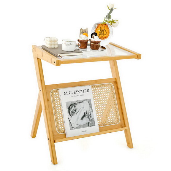 Costway Boho End Table with Magazine Rack and Temp...