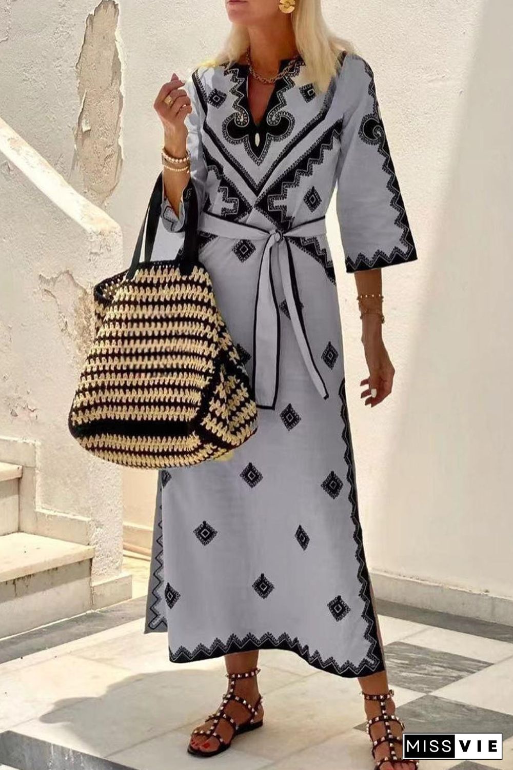 Bohemian Elegant Geometric Print With Belt V Neck A Line Dresses