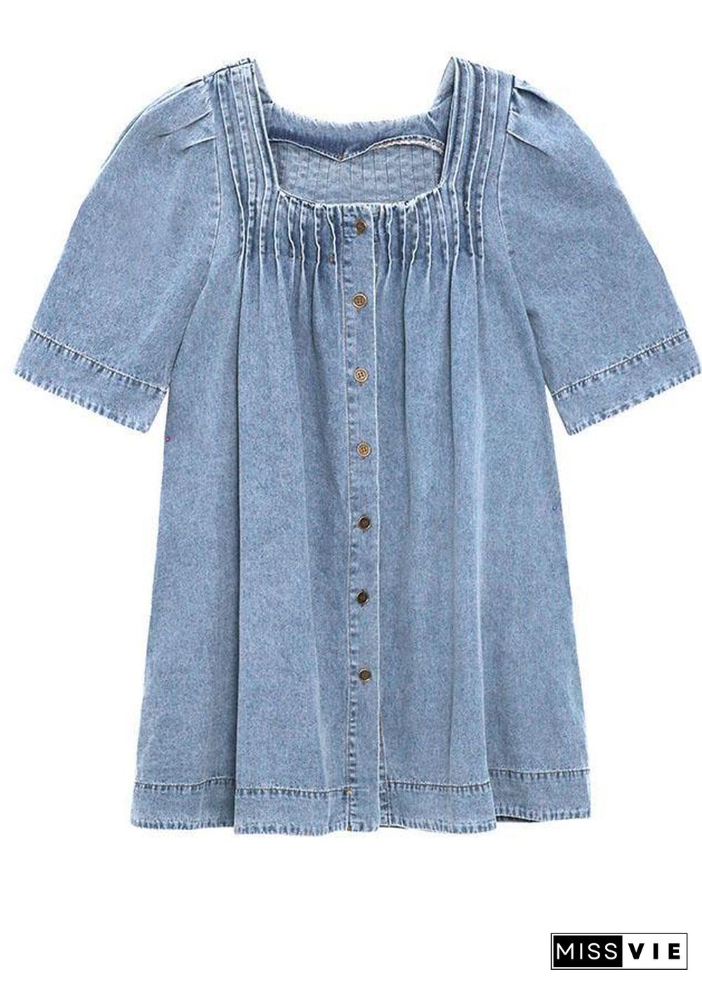 Italian Light Blue Square Collar Button Denim Summer Mini Dress