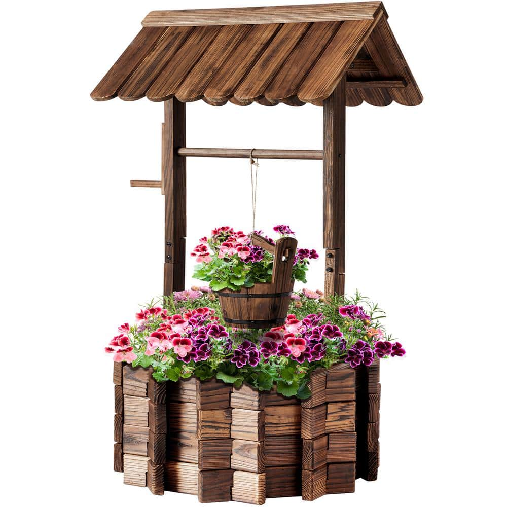 Sizzim 22 in. L x 22 in. W Brown Planter Box Outdoor Wooden Wishing Well Planter G28001