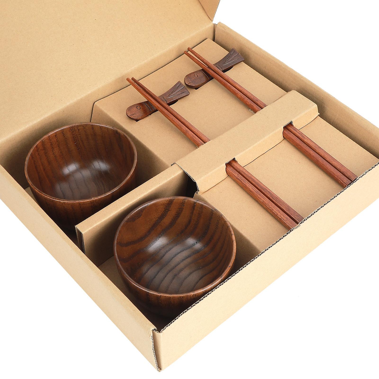 Japanese Style Wooden Rice Bowl Chopsticks Set Tableware Cutlery Kitchen Accessory