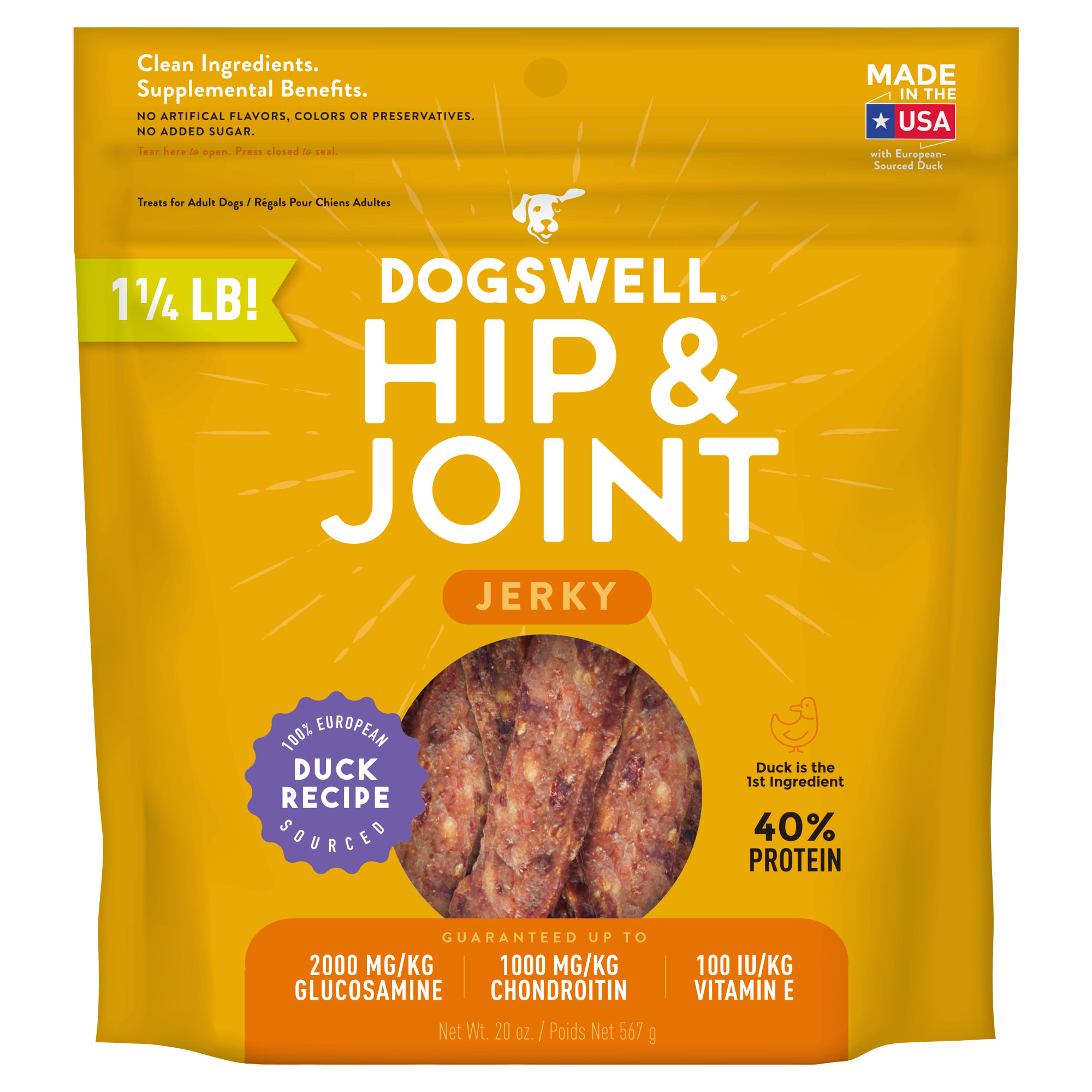 Dogswell Hip  Joint Jerky Grain-Free Duck Recipe for Dogs， 20 oz.