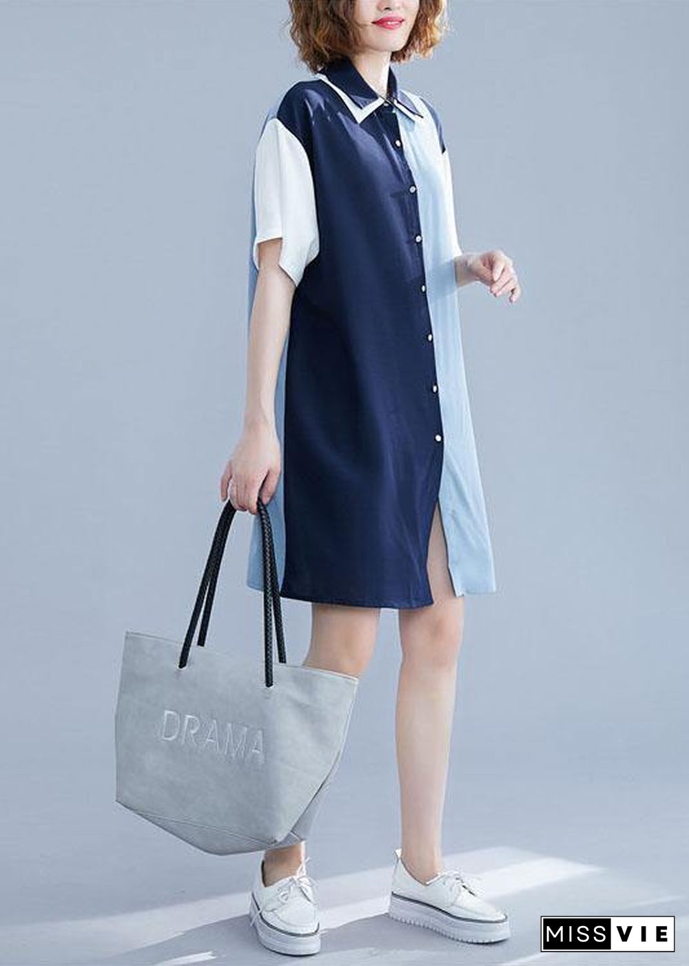 Chic blue Cotton clothes patchwork summer shirt Dress