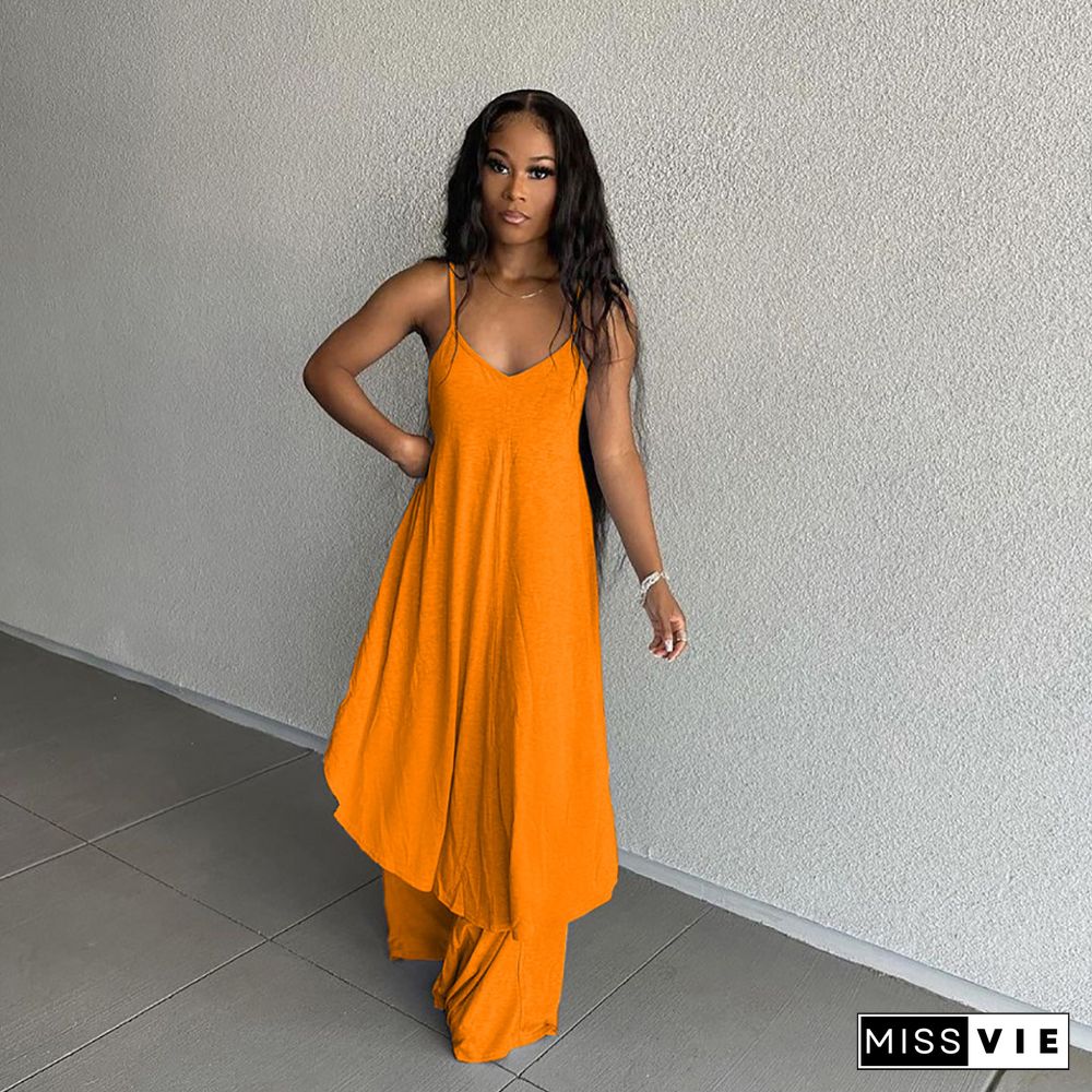 Women Sexy Beachwear V Neck Spaghetti Strap Solid Color Long Top Wide Leg Pants Casual Two Piece Suits