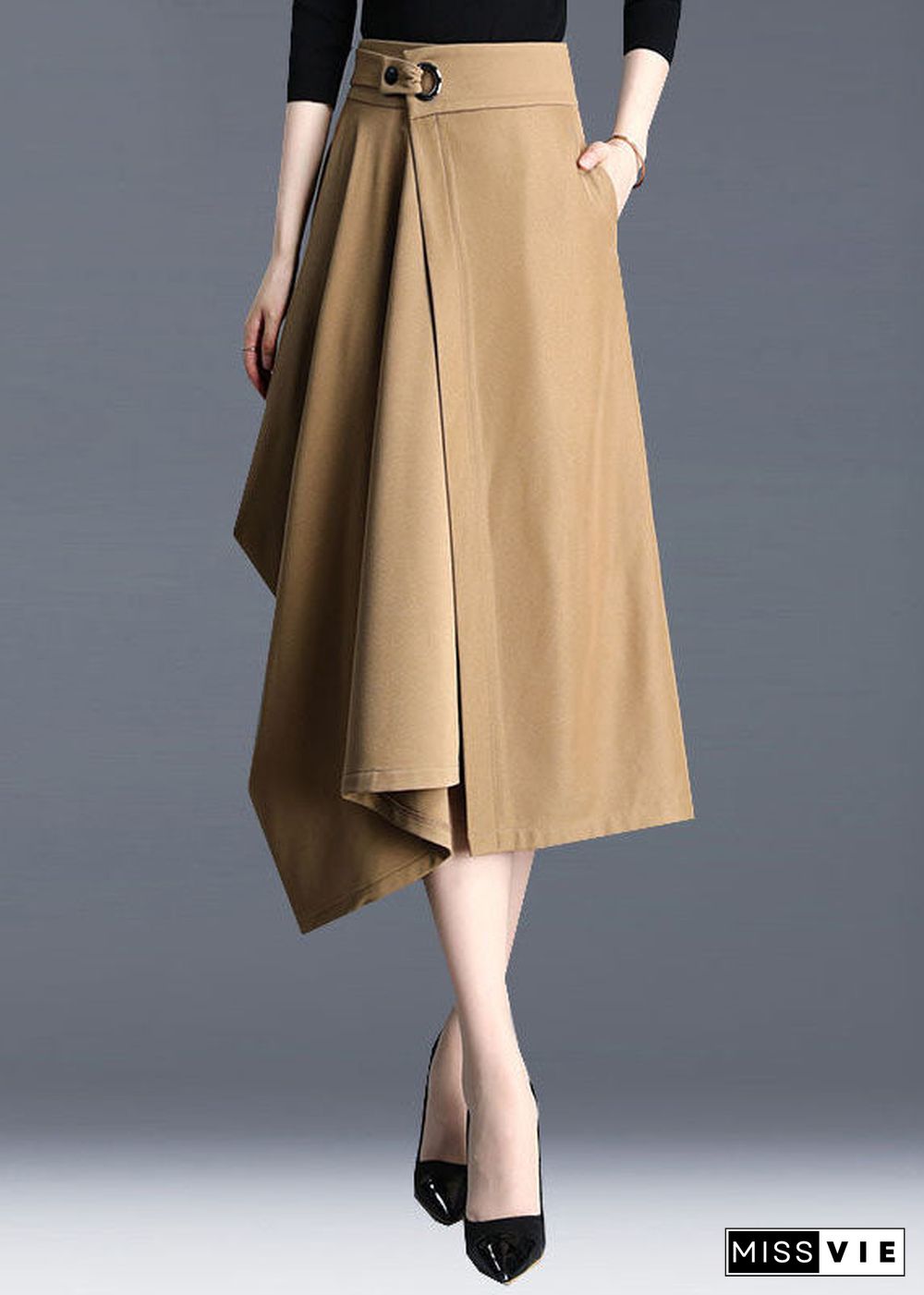 Handmade Khaki Wrinkle Asymmetrical Patchwork Cotton Skirts Spring