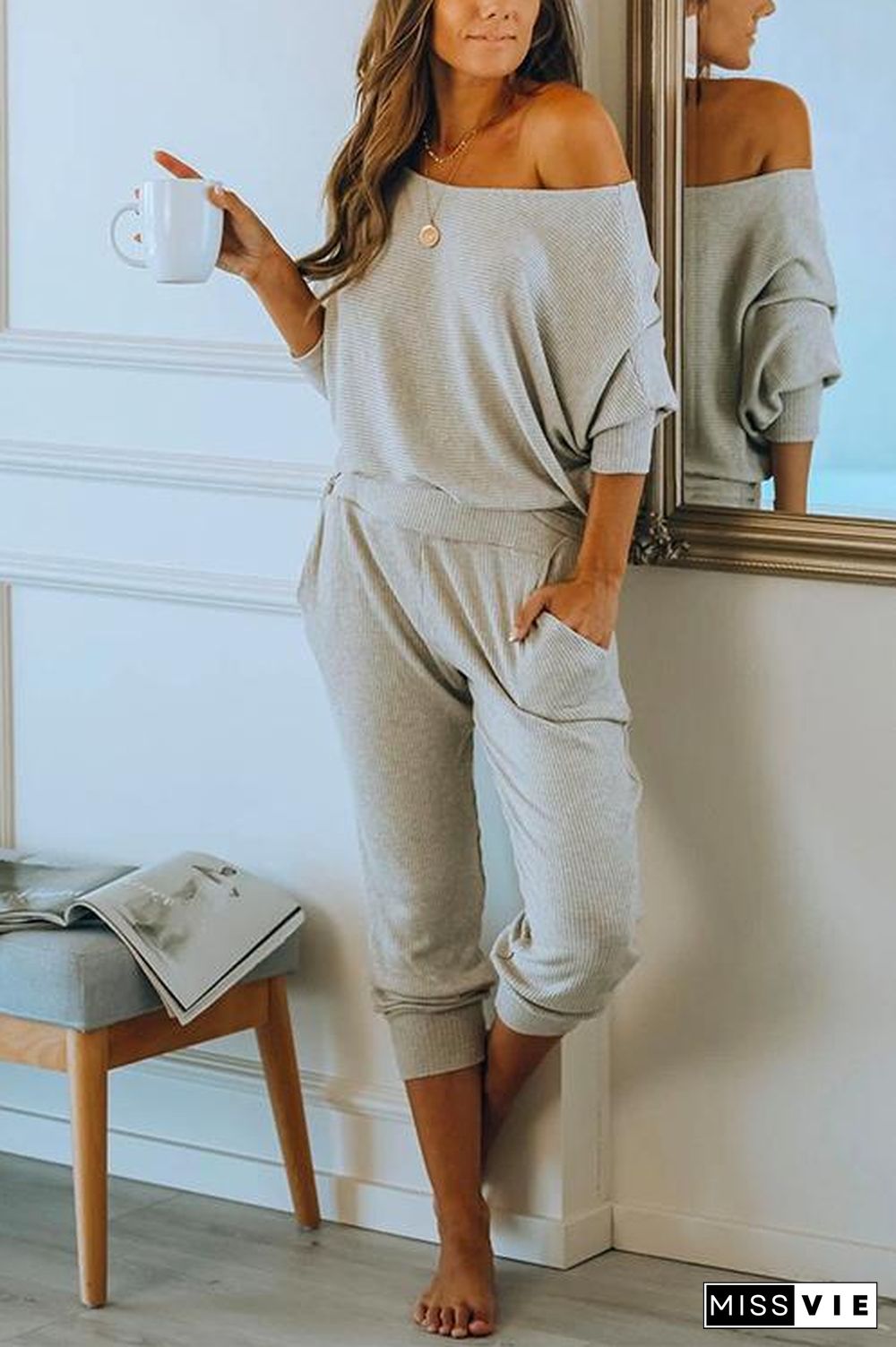 Batwing Long Sleeves Top and Long Pants Loungewear Set