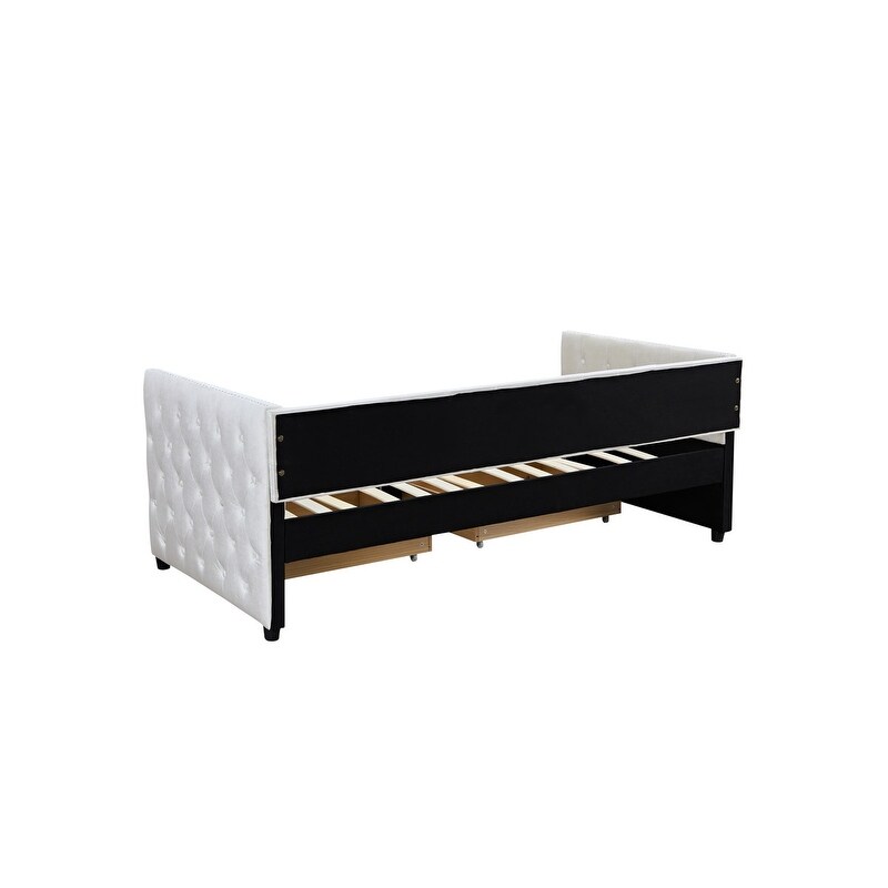 Modern Velvet Upholstered Twin Size Day Bed  Button Tufted Sofa Daybed Frame with 2 Drawers  Bedroom Furniture for Bedroom