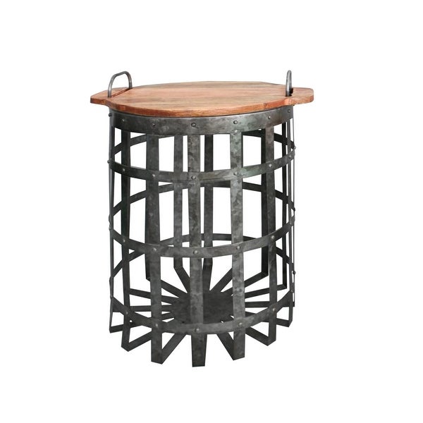 Industrial Grid Galvanized Accent End Table with Round Lid and Handles， Set of 2， Gray and Brown