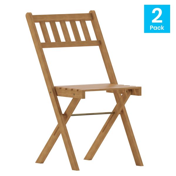 Martindale Indoor/Outdoor Folding Acacia Wood Patio Bistro Chairs with X Base Frame and Slatted Back and Seat in Natural Finish， Set of 2