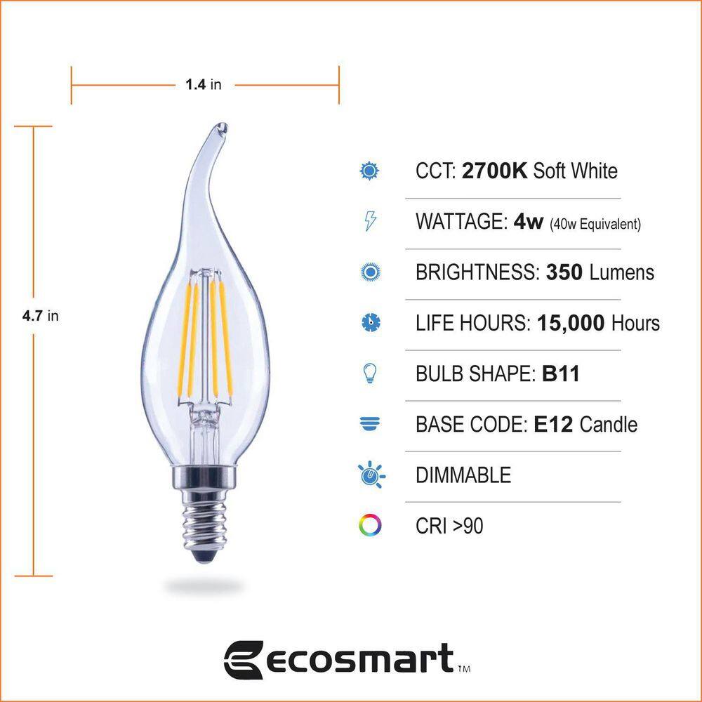 EcoSmart 40-Watt Equivalent B11 Dimmable Candelabra Flame Bent Tip Clear Glass LED Vintage Edison Light Bulb Soft White (3-Pack) FG-04185