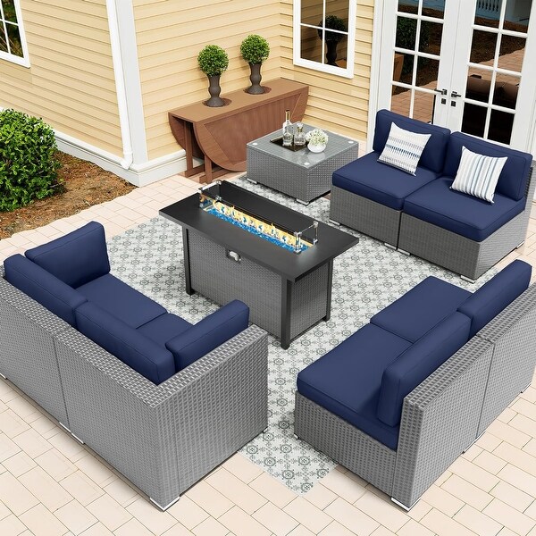 8Piece Outdoor Patio Furniture Grey Wicker Sectional Sofa Set with Fire Pit Table