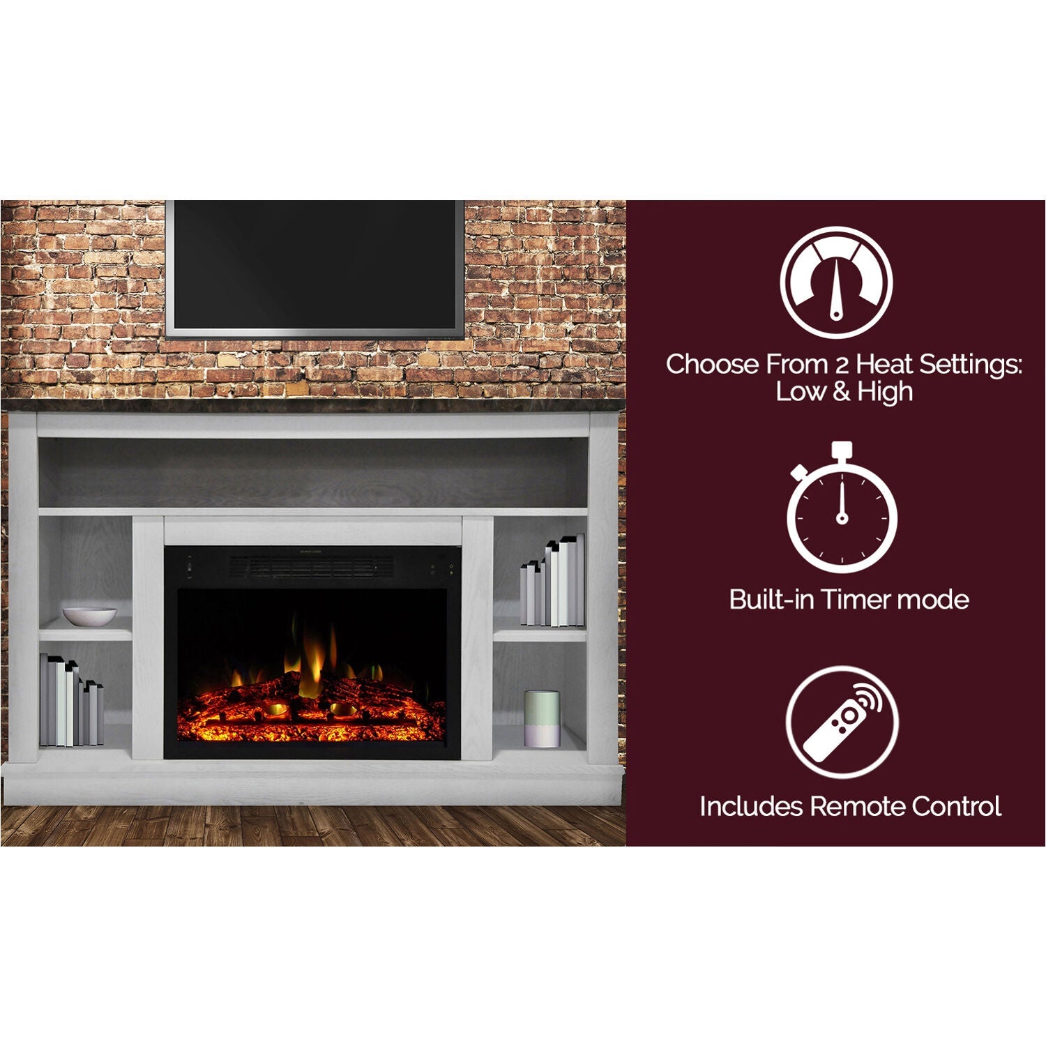 Cambridge Seville 47'' Freestanding Electric Fireplace with Log Insert, Remote| Multi-Color Flame| White Mantel | For Rooms up to 210 Sq.Ft. | Adjustable Heat Settings | Timer