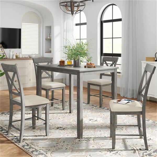 Wood 5-Piece Counter Height Dining Table Set with 4 Upholstered Chairs