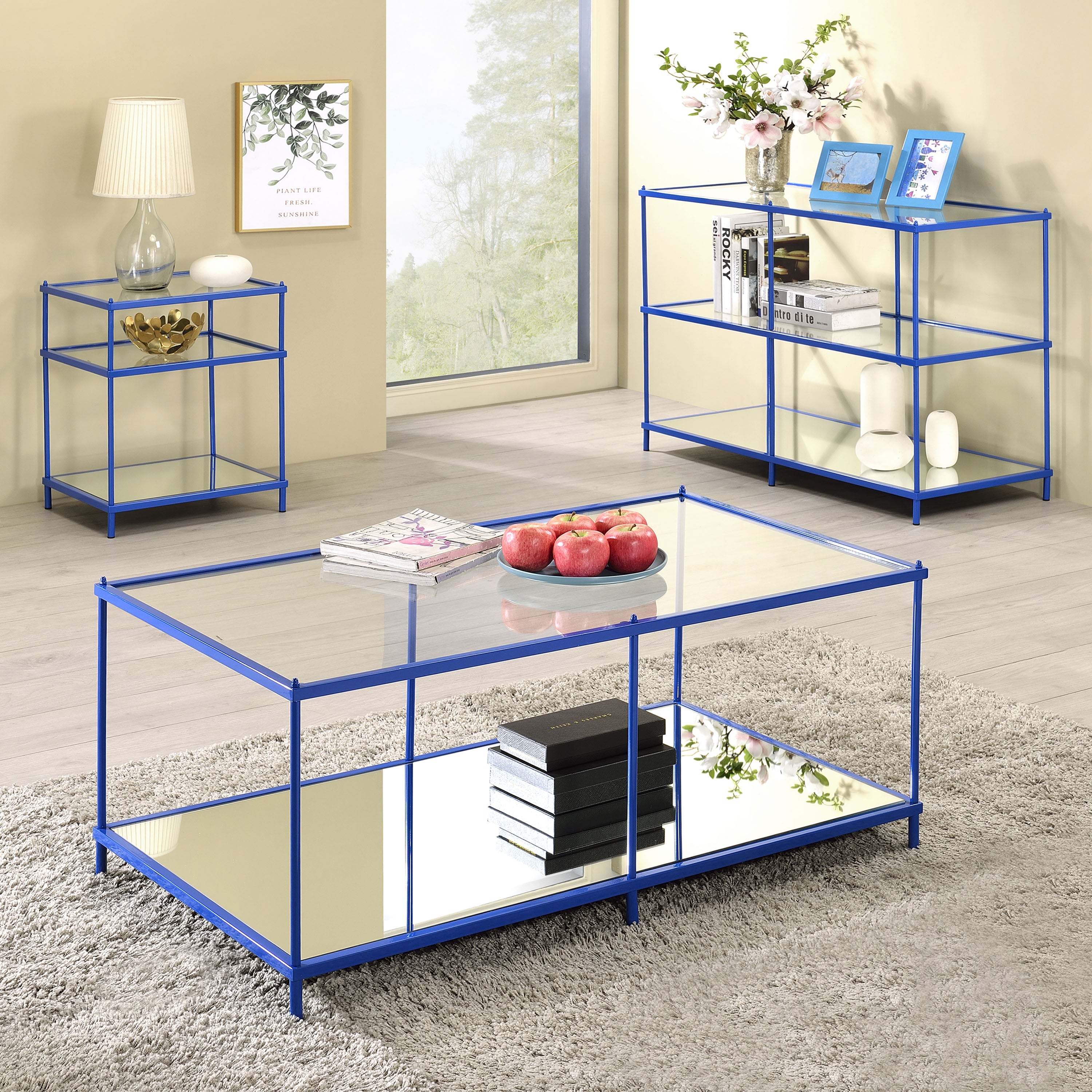 Furniture of America Tenne Contemporary Glass Top Rectangle Coffee Table, Blue