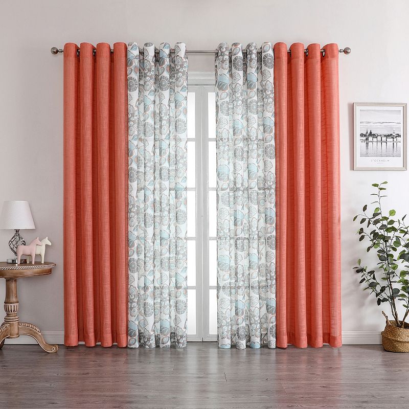 Kate Aurora Biscayne Bay Floral 4 Piece Coordinating Deluxe Flax Styled Sheer Grommet Top Curtains