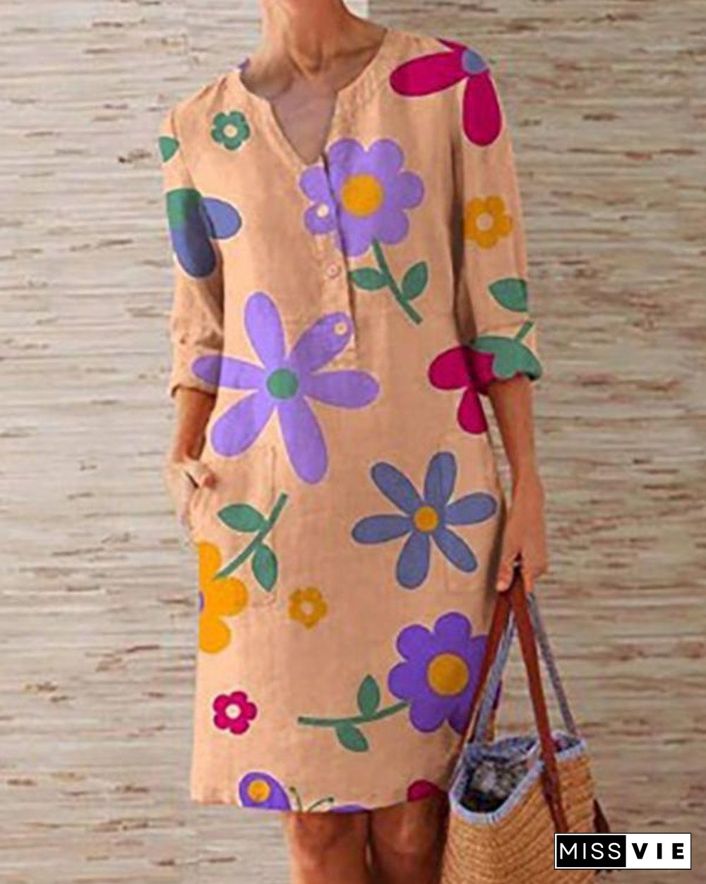 Plus Size Casual Flower Print 1/2 Sleeve Dresses