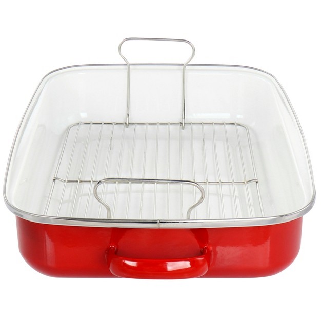 Martha Stewart 18 Inch Enamel On Steel Roasting Pan In Red With Roasting Rack