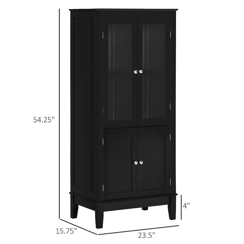 kleankin Bathroom Floor Cabinet with 2 Storage Cabinets， Tempered Glass Door， Freestanding Linen Tower with Adjustable Shelves for Living Room， Black