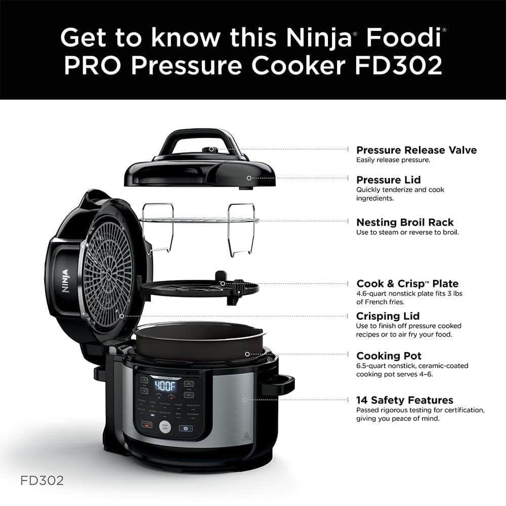 NINJA 6.5 qt. Electric Stainless Steel Pro Pressure Cooker + Air Fryer with Nesting Broil Rack FD302