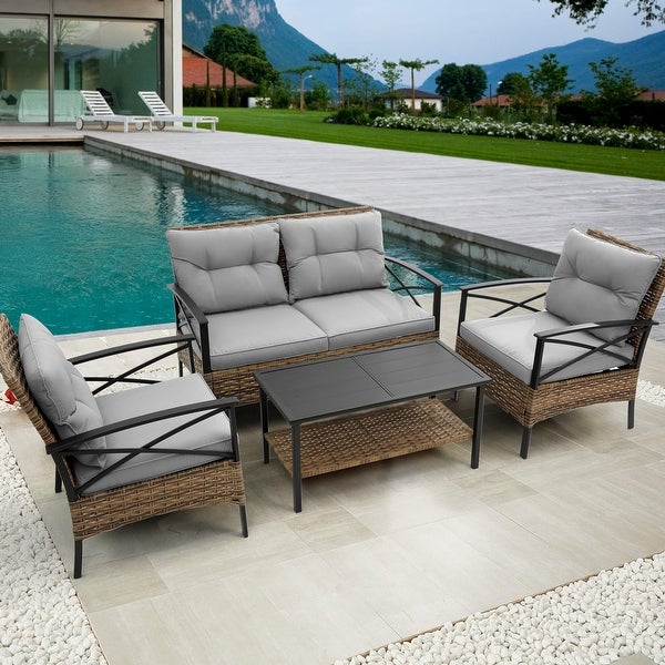 4 piece sectional rattan wicker corner sofa set with cushion - Overstock - 37505285