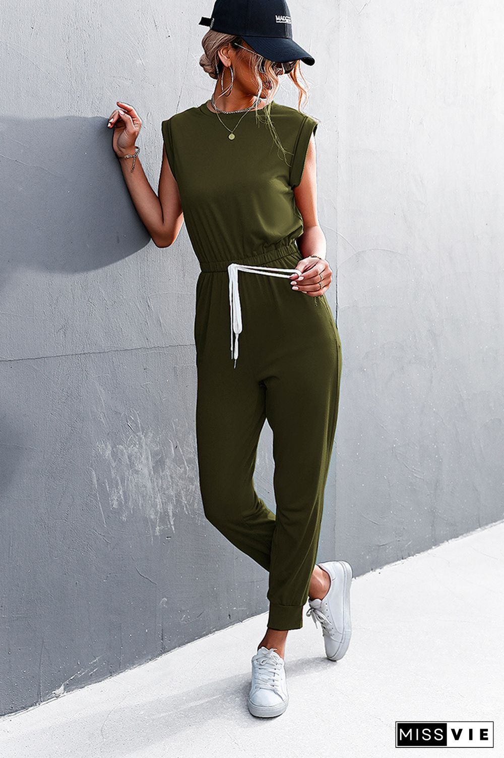 Solid Sleeveless Drawstring Waist Jumpsuit Wholesale