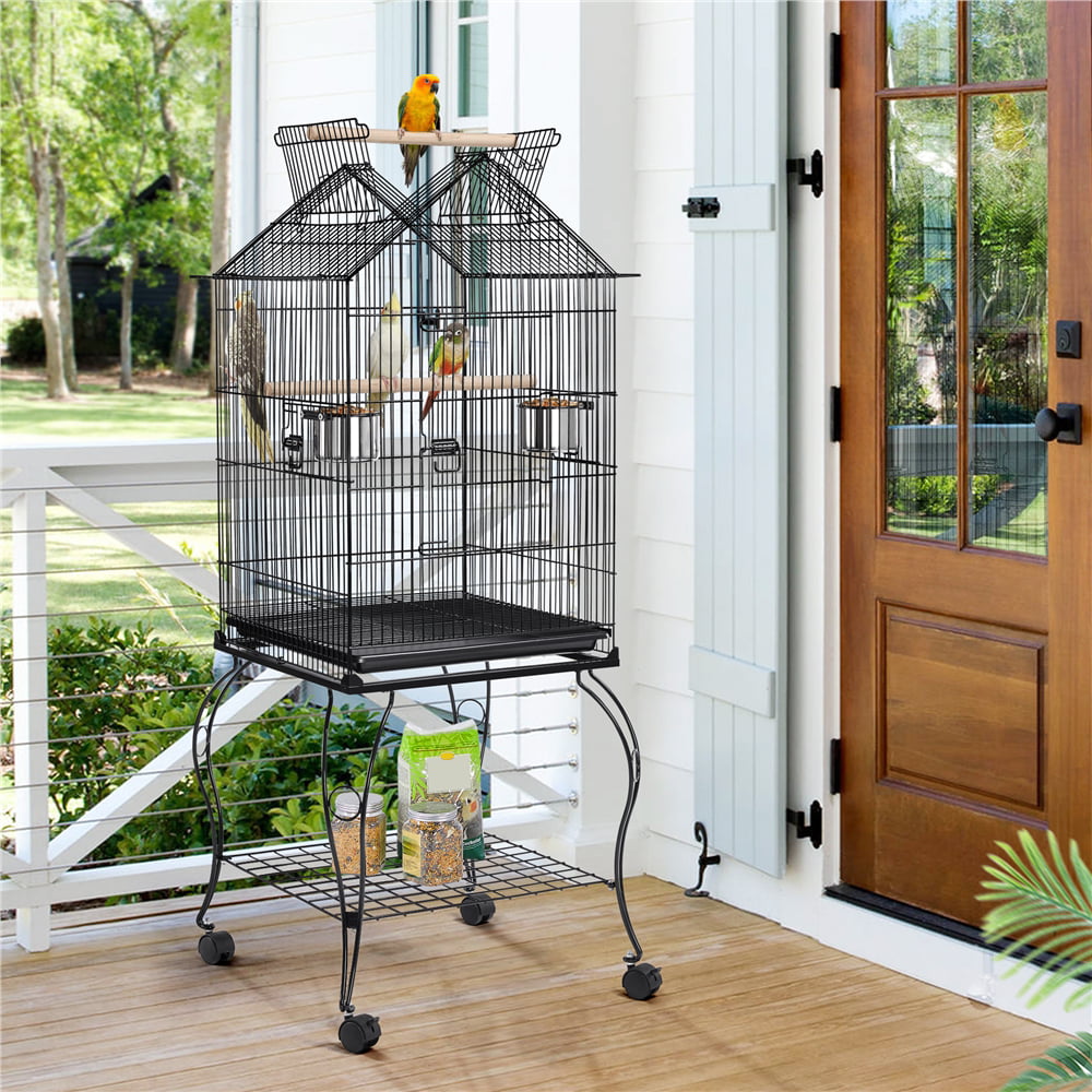 Yaheetech 57''H Open Top Metal Parrot Cage Bird Cage with Rolling Wheels Perches Slide-Out Tray For Cockatiels， Black