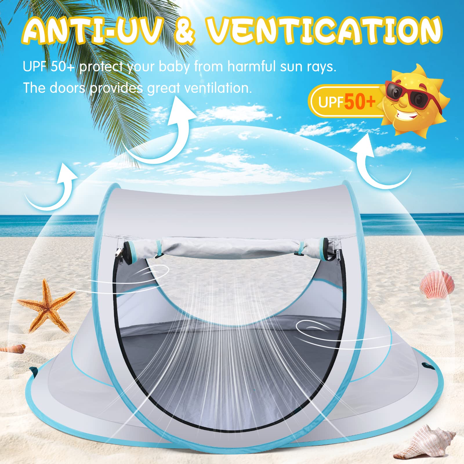 IMMEKEY Baby Beach Tent，Large Pop Up Sun Shade for Beach，Portable Baby Travel Tent with Mosquito Net，UPF 50+ UV Protection Sun Shelters for Infants Gray