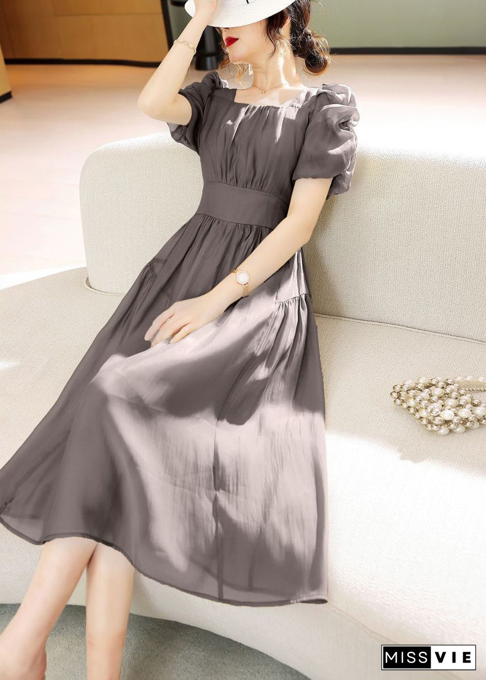 New Grey Lace Up Patchwork Chiffon Dress Short Sleeve