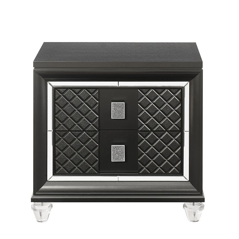 2 Drawer Wooden Nightstand with Mirror Accents and Diamond Pattern， Black