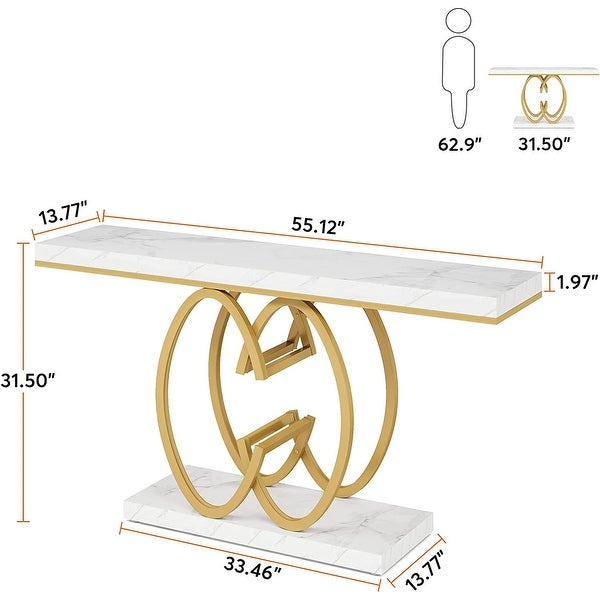 55 Inch White Narrow Sofa Console Table with Geometric Metal Base in Gold