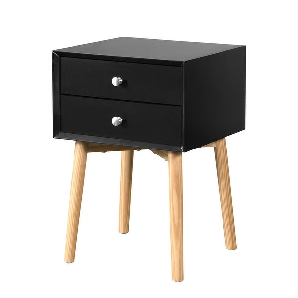 Mid-Century Modern Side Table with 2 Drawer， Round Metal Knobs and Rubber Wood Legs， 15.7