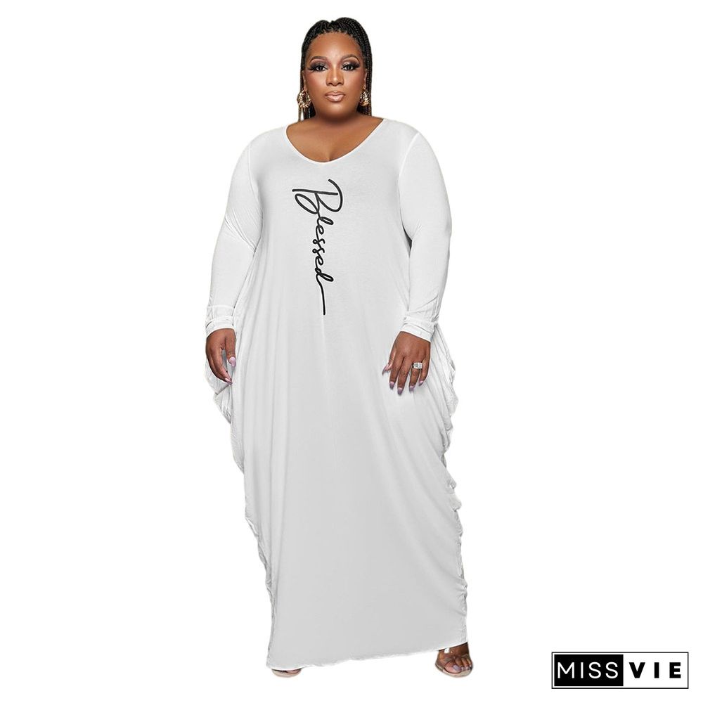 Letter Print Side Pleated Loose Plus Size Dress