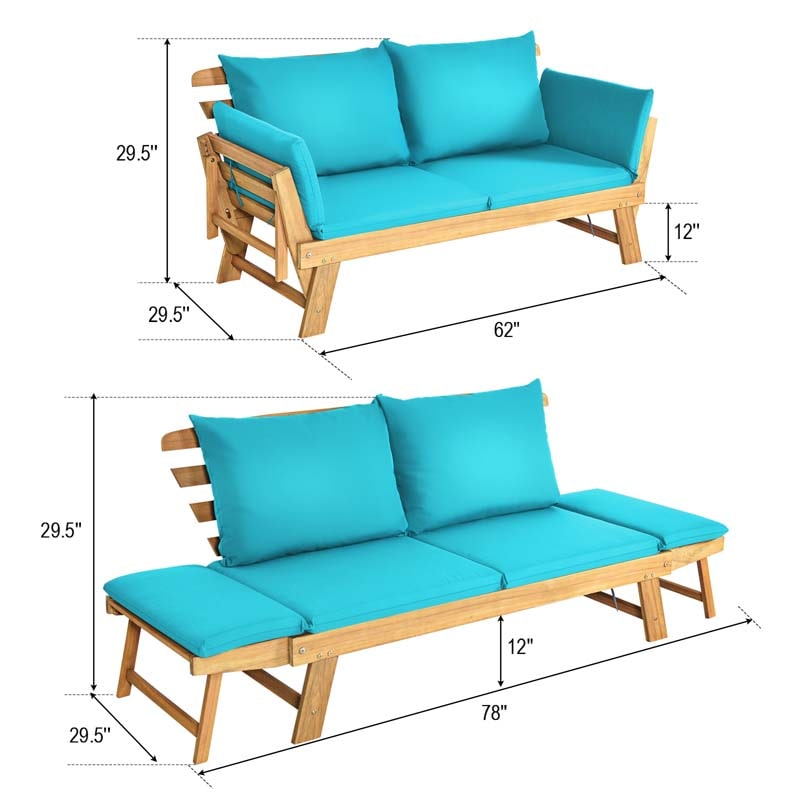 Acacia Wood Patio Daybed Convertible Couch Sofa Bed, Outdoor Folding Chaise Lounge Bench with Adjustable Armrest