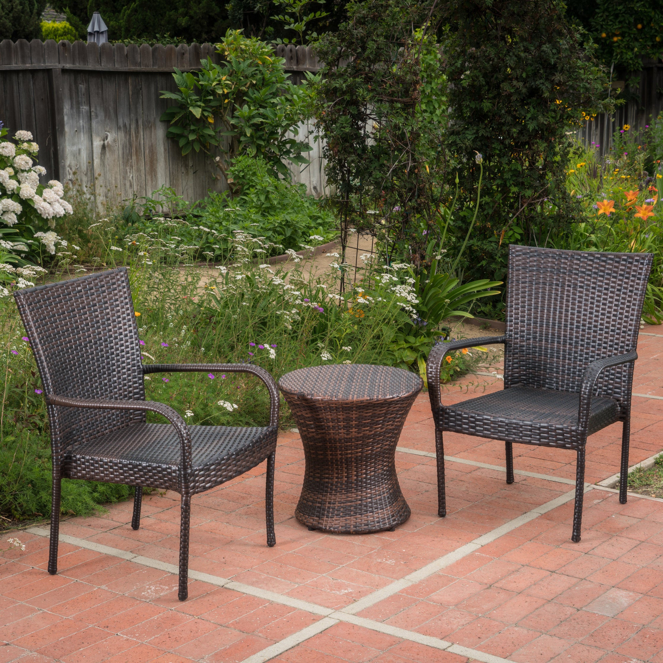 Parham Outdoor 3 Piece Multi-brown Wicker Stacking Chair Chat Set