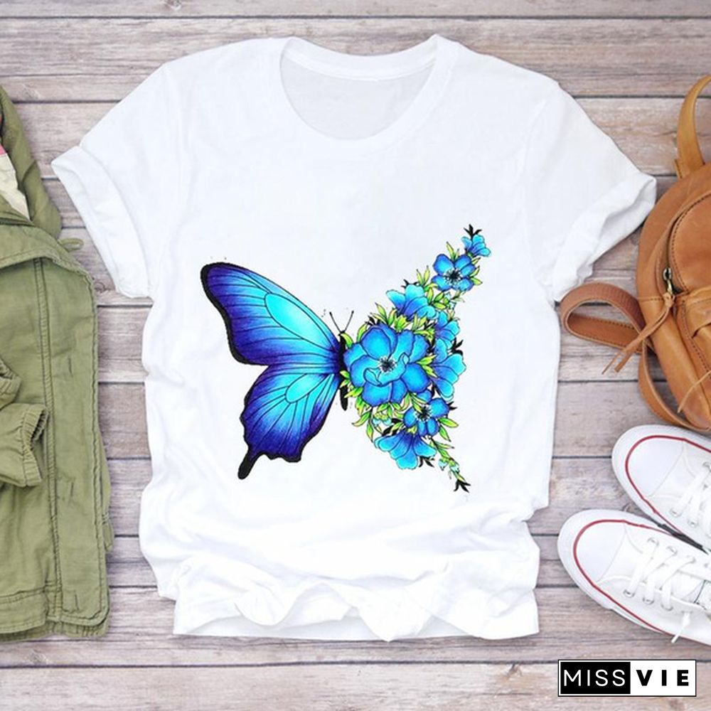 Women flower butterfly lovely style printing tshirt casual T tee top fashion clothes cartoon print lady female clothing graphic short sleeve t-shirt