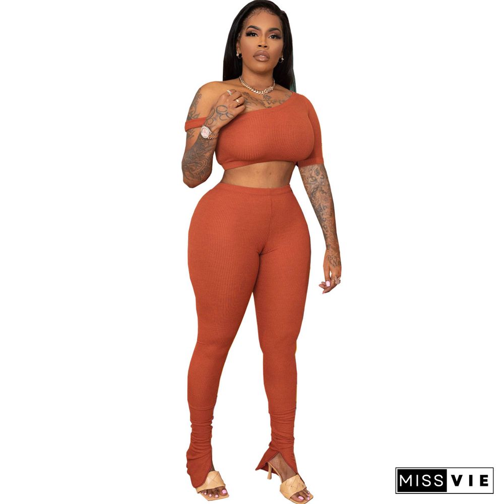 Summer Clothing Solid Color One Shoulder Short Sleeve Crop Top Stretchy Bodycon Long Pants Women 2 Piece Set