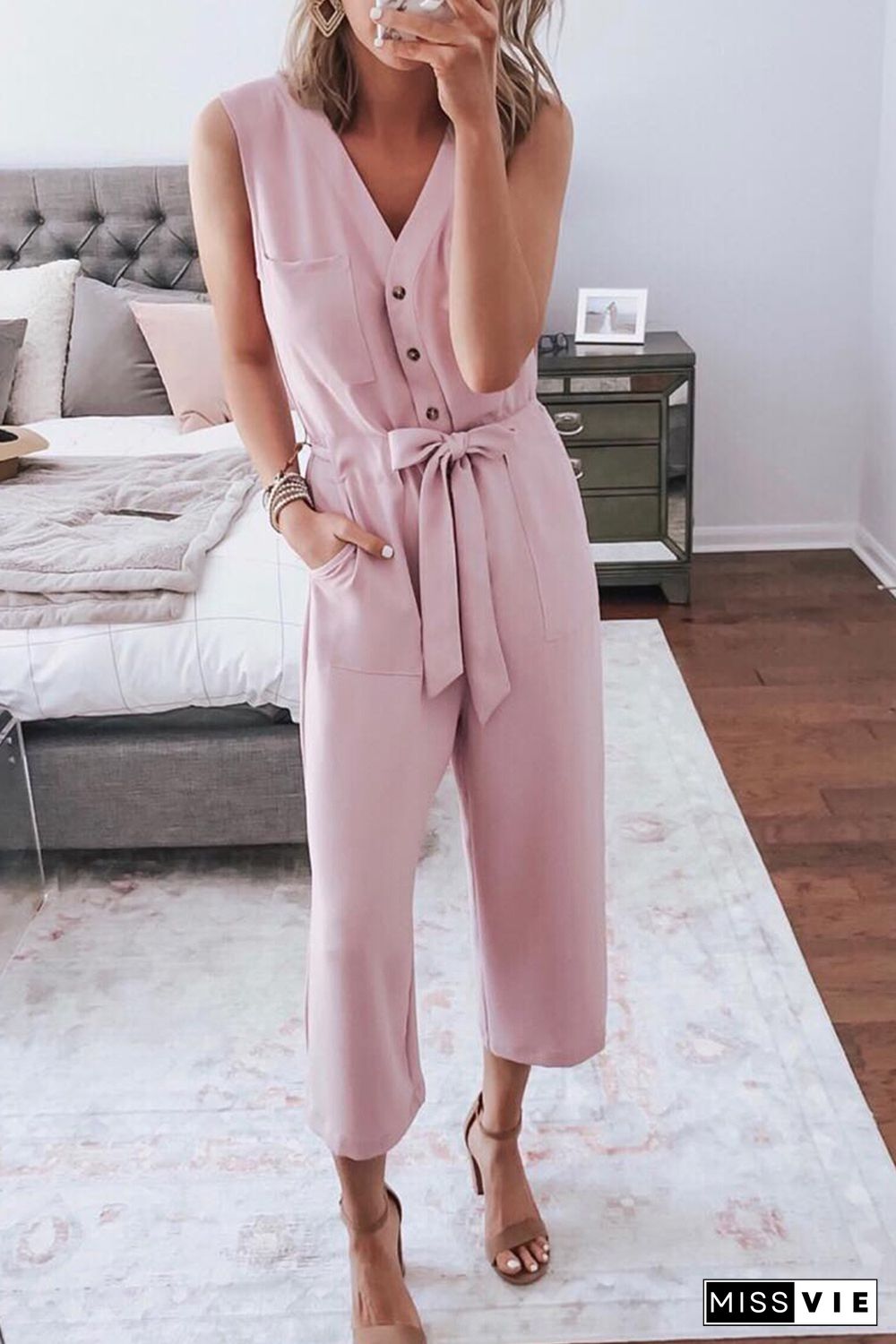 Pink Buttoned Sleeveless Cropped Jumpsuit with Sash