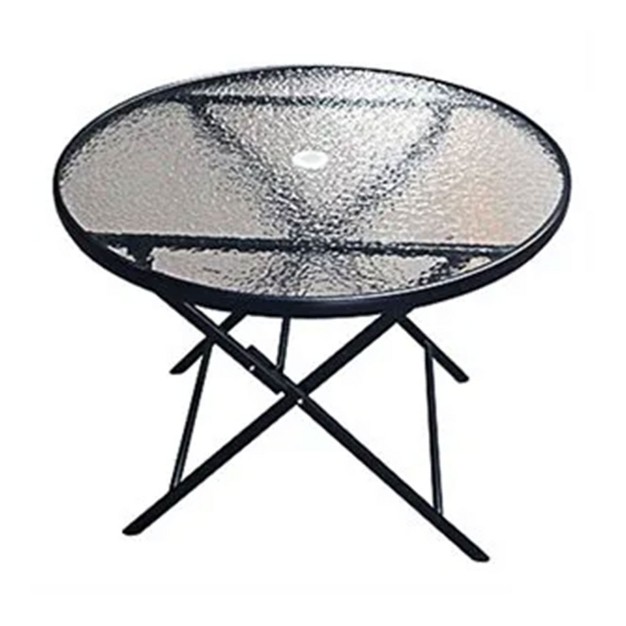 Round Marbella Folding Steel Dining Table Outdoor Backyard Patio Furniture With Glass Tabletop And Umbrella Hole Black