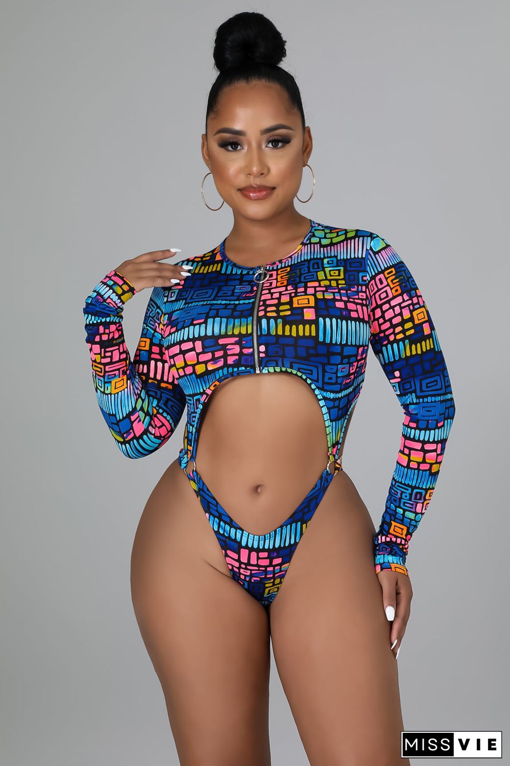 2 Pcs Printed Cutout Long Sleeve One Piece Swimsuit Set