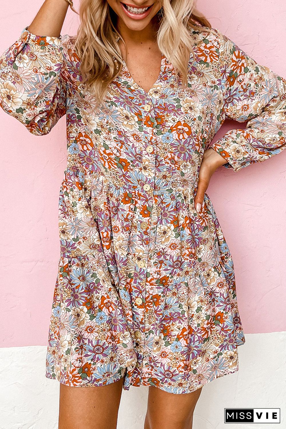 Multicolor Split Neck Buttons Front Shirt Floral Dress