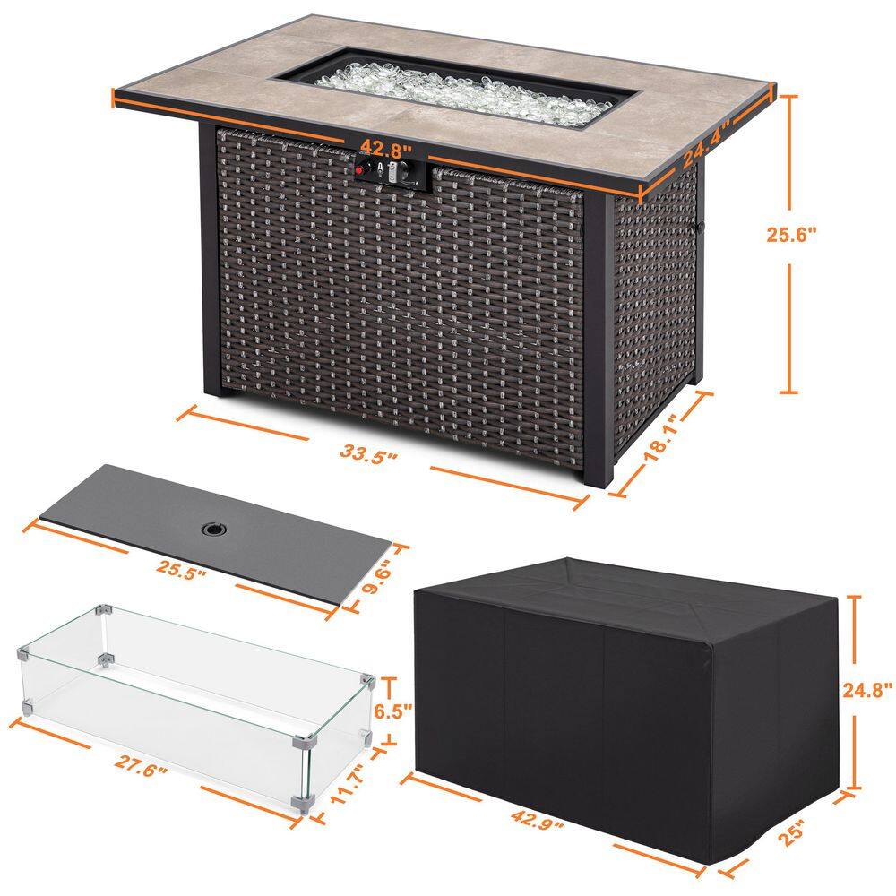 Nuu Garden 43 in. 50000 BTU Brown Rectangle Wicker Outdoor Propane Gas Fire Pit Table with Glass Fire Pit Wind Guard AF125C-G